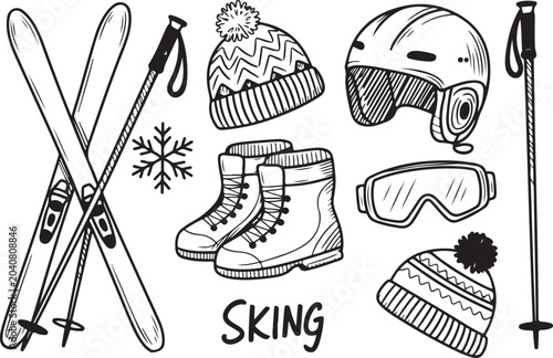 Winter skiing equipment icons set in hand drawn vintage style with skis goggles boots helmet and knitted hats for sport theme.