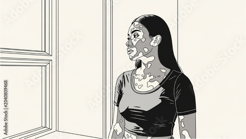 Tableau sur toile Woman with Vitiligo Standing near 2D CAD Vector Window