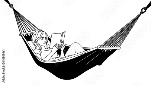 Konstfotografi Relaxed woman reading 2D CAD Vector illustration in a hammock