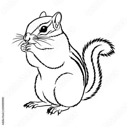 Canvastavla Black and white line drawing of a chipmunk holding a nut, standing on its hind legs, with characteristic stripes and a bushy tail