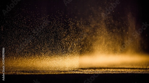 Intense golden light illuminates fine particles rising against a dark background