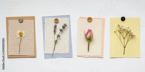 Photography Four pressed flowers on paper, daisy, lavender, rosebud, gypsophila, scrapbook pages, mementos, buttons, vintage style, craft supplies
