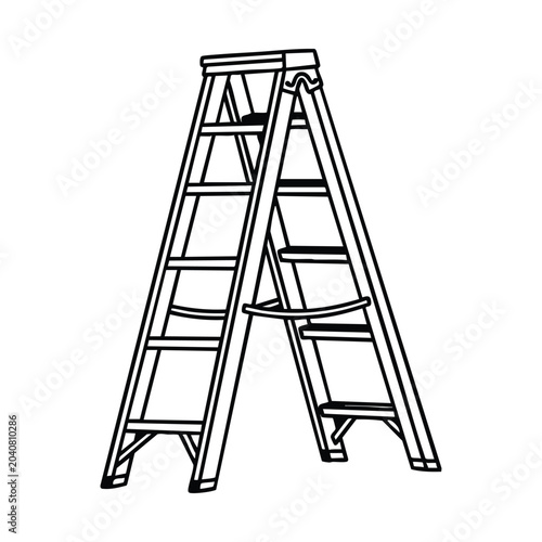 Εκτύπωση καμβά Black and white outline drawing of a sturdy A-frame stepladder with multiple rungs, ready for various tasks