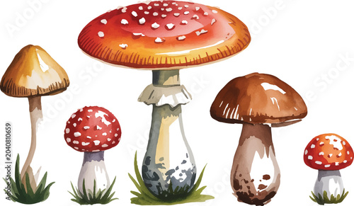 Konstfotografi Variety of colorful mushrooms including fly agaric and brown varieties, forest fungi on grey background, natural elements