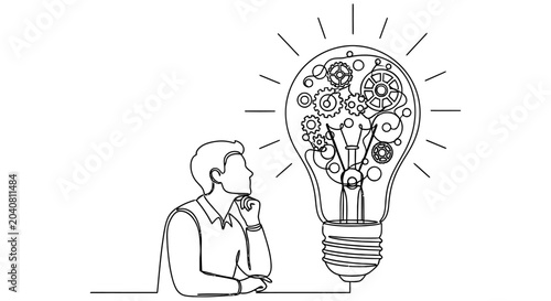 Foto A man thoughtfully gazing at a lightbulb filled with complex gears