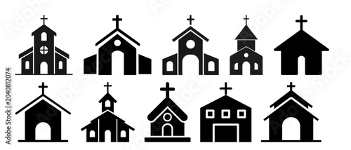 Christian church silhouette collection. Black vector icons of different church buildings, chapels, cathedrals, and religious architectures with crosses.