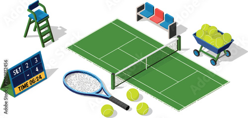 Konstfotografi Tennis court facility set with net umpire chair bleacher seats ball cart and racket equipment for professional match sporting play