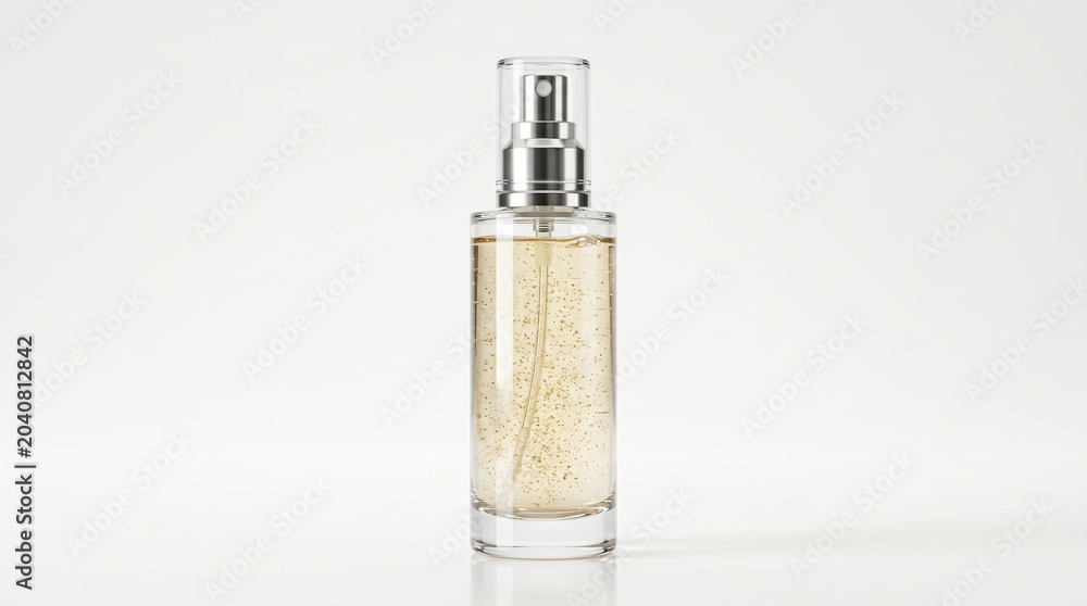 Naklejka premium Clear glass spray bottle with golden cosmetic serum mockup