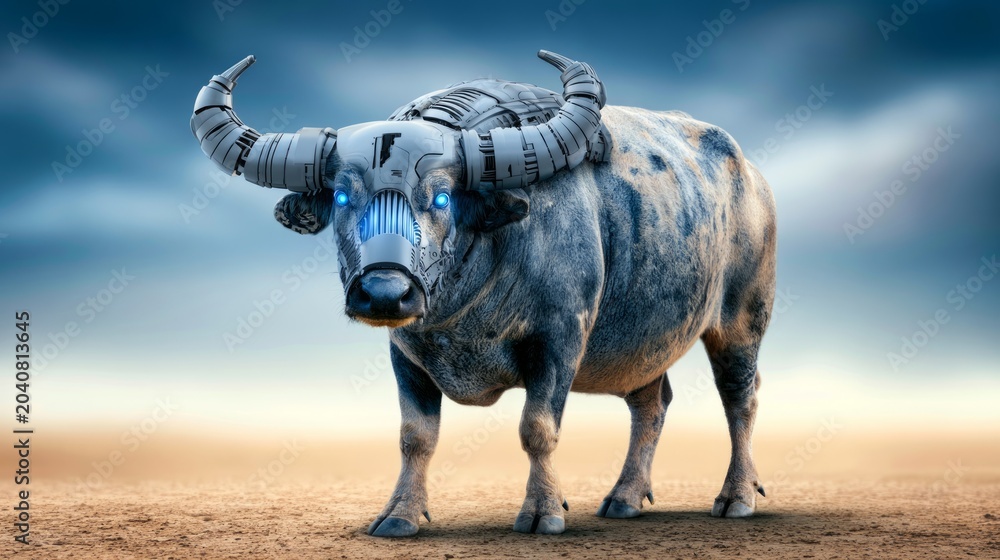 Fototapeta premium Futuristic Biomechanical Buffalo with Glowing Circuitry in a Surreal Desert Landscape