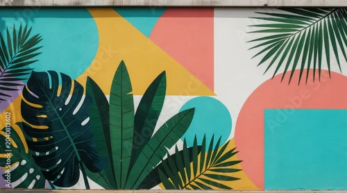 Panel kuchenny z motywem Abstract mural artwork features tropical leaves and geometric shapes in bright, bold colors. Mural design uses teal orange pink yellow and green for modern wall decor. Tropical plant pattern.