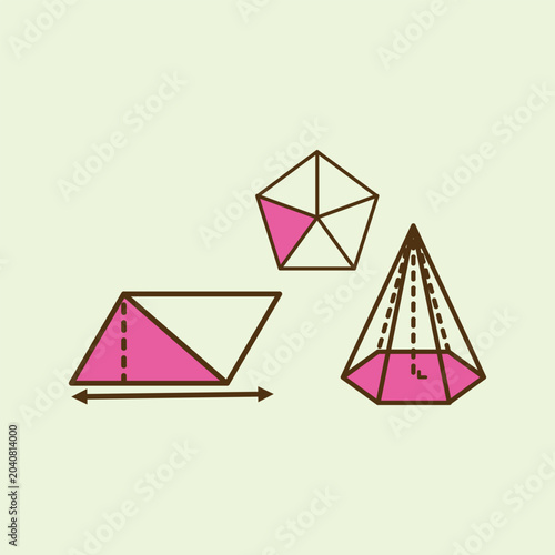Collection of flat cartoon geometry shapes including a parallelogram formula diagram, a pentagon representing a fraction, and a 3D hexagonal pyramid icon. Perfect for school math textbooks.
