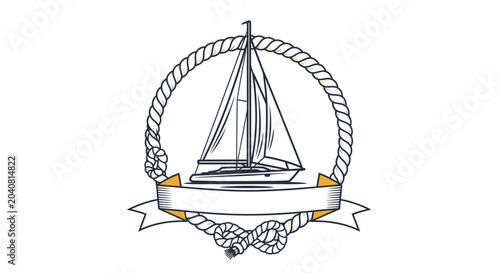 Nautical Emblem: Sailboat Emblem with Rope and Banner, Nautical Design Element