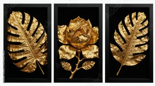Panel kuchenny z motywem Three framed artworks display metallic gold monstera leaves and a central floral bloom against black backgrounds. Modern luxury botanical art pieces for interior design and home decor.