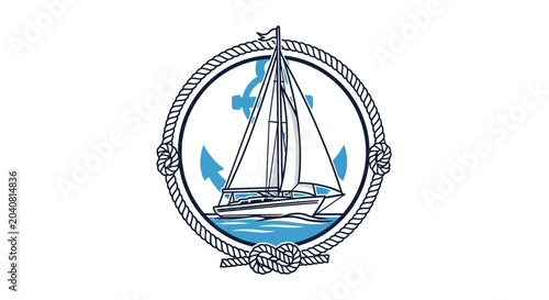 Sailing Boat Emblem with Anchor and Rope Circle, Nautical Theme