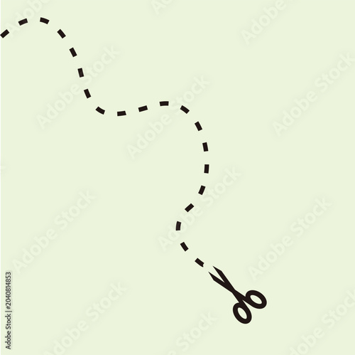 Minimalist flat cartoon illustration of a wavy dotted path with a scissor icon representing cutting line or coupon border. Perfect for kids activity books, craft worksheets, and voucher design layouts