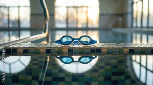 Blue goggles rest on a mosaic tile edge by a serene indoor pool at dawn in this creative design image