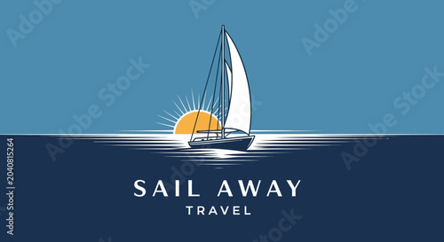 Sailboat sailing on ocean at sunset with sun rays and text 