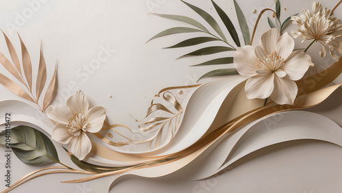 Abstract nature-inspired background with delicate flowers and tropical botanical leaves, soft beige, ivory, and muted green colors, luxury minimal art style