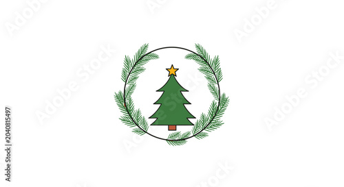 Minimalist illustration of a green pine tree with a yellow star on top centered within a delicate circular evergreen branch wreath.