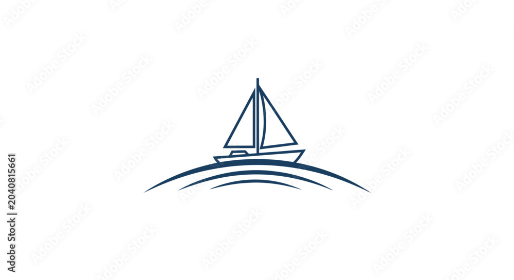 Fototapeta premium Minimalist sailboat graphic on stylized waves, blue lines on white background
