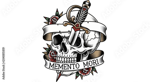 Skull with Sword and Roses, Memento Mori Tattoo Art