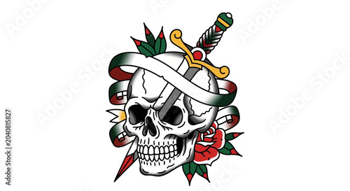 Skull Sword Rose Ribbon Tattoo Design