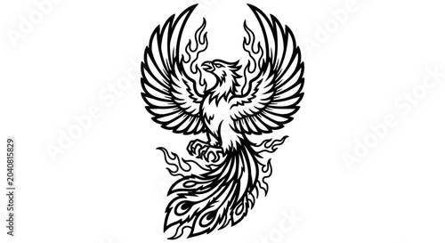 Phoenix Bird Silhouette with Flames, Mythical Creature Emblem