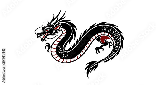 Black Chinese Dragon Silhouette with Red Accents on White Background