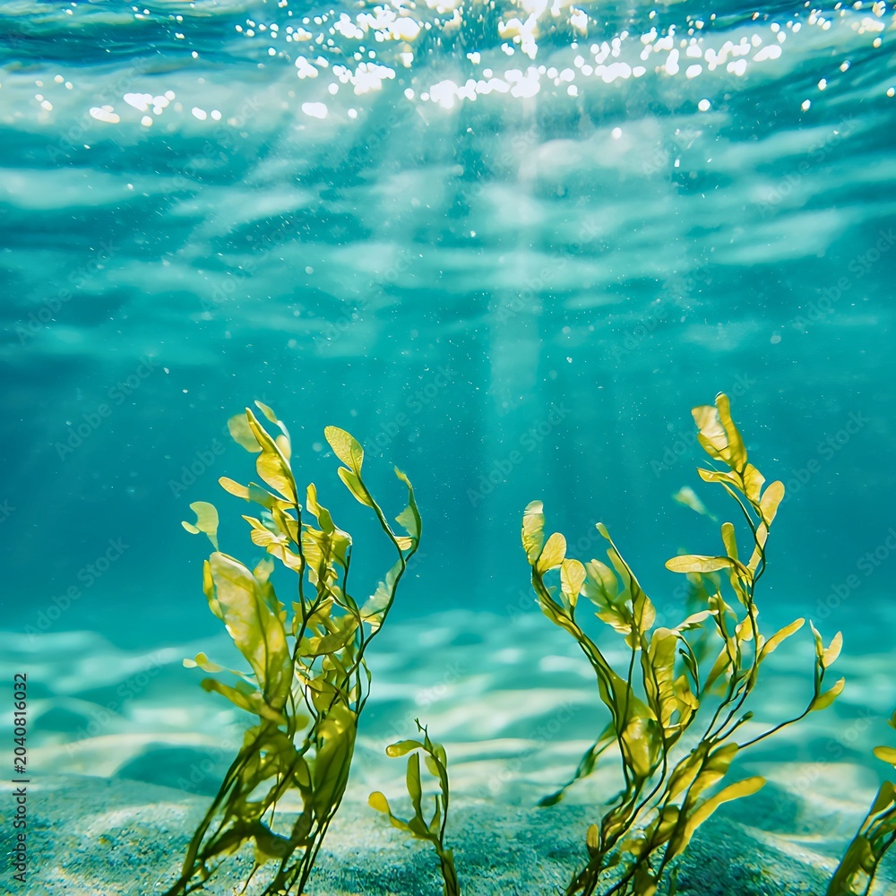 Naklejka premium Underwater kelp forest with sun rays shining through the clear blue water onto the sandy seabed