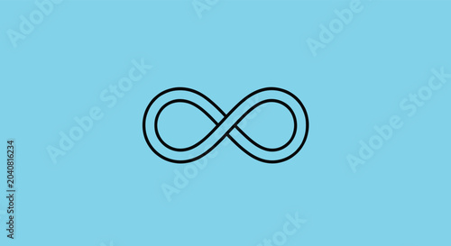 Black infinity symbol representing eternity and endlessness centered on a calm light blue background in a minimalist style.