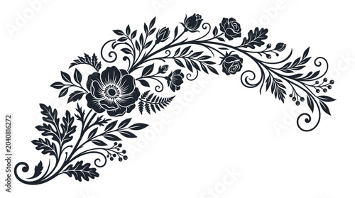 Black and white floral ornament with flowers leaves and elegant swirling decorative elements vector illustration