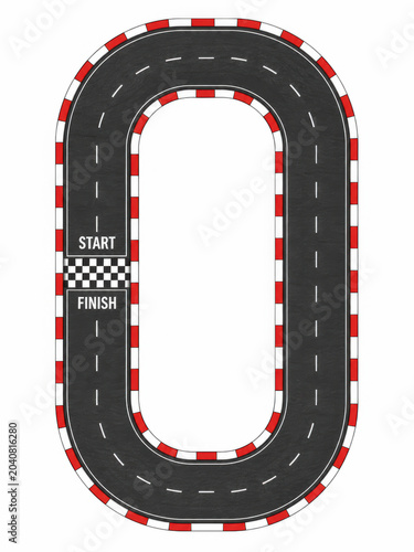 Top view of an oval race track with a finish line and red and white curbs for fast car racing competition events