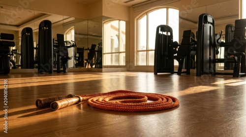 Coiled orange jump rope rests on a polished wooden floor in a sunlit empty fitness gym creative design image