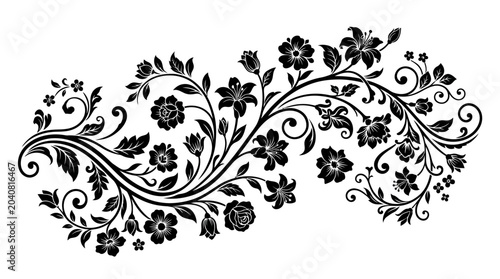Black floral design with swirling vines.