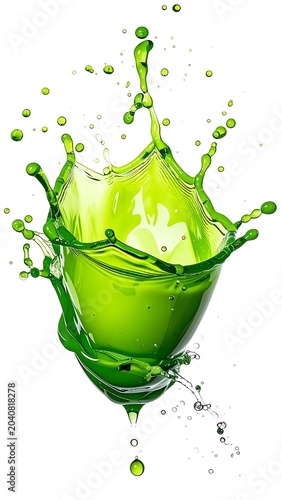Vintage glass bottle with green liquid and flowers.