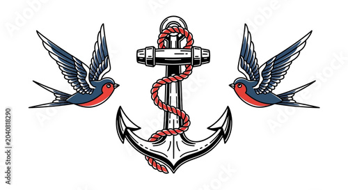 Nautical Anchor with Swallows, Vintage Tattoo Style