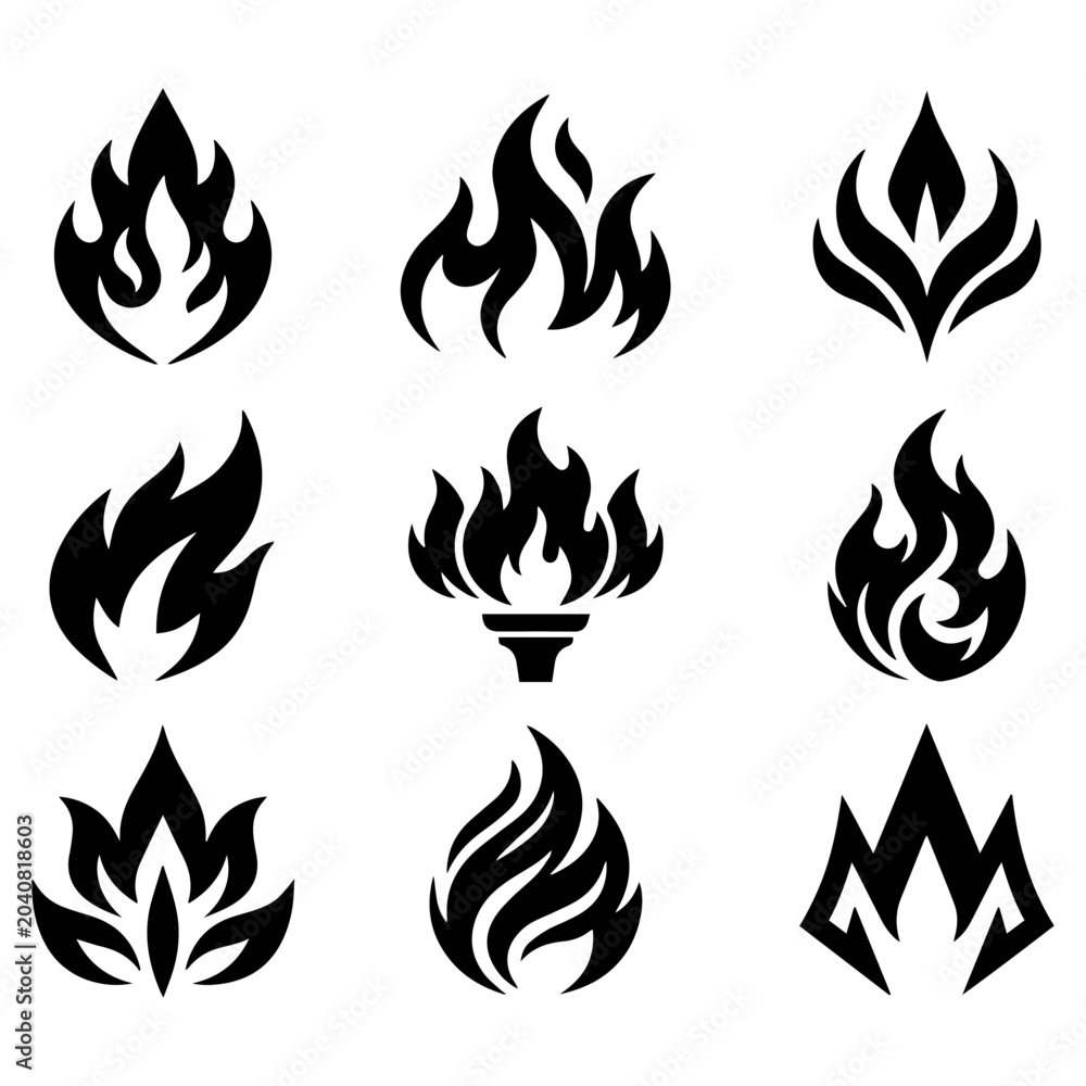 Naklejka premium Minimalist Black Fire Flame Icon Collection and Torch Silhouettes