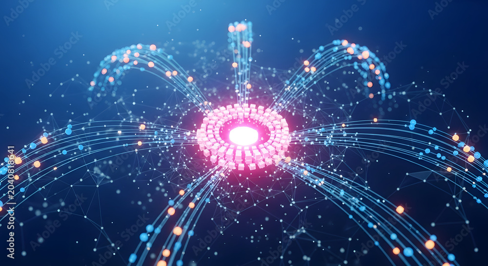 Obraz premium Glowing pink circle emits light, surrounded by blue lines and dots in space.