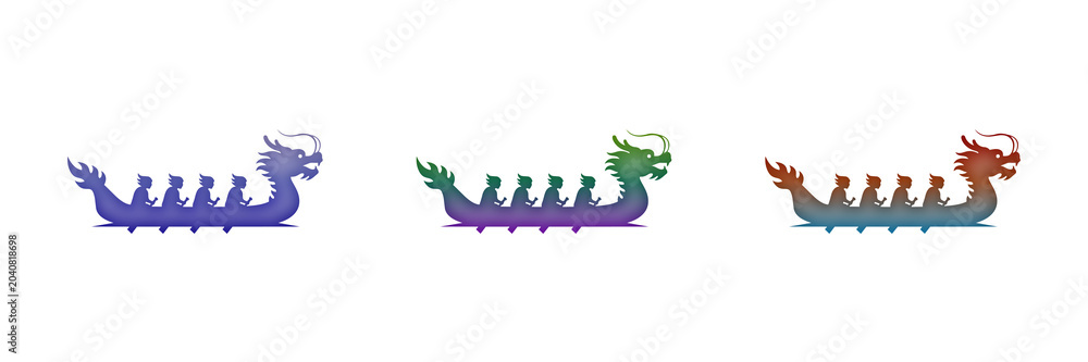 Fototapeta premium Dragon boat with rowers in purple, green, and orange