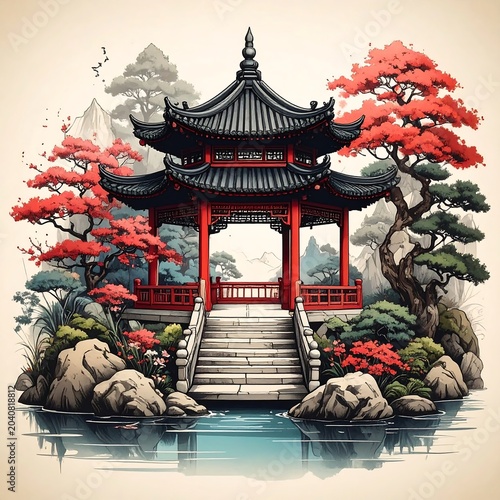 Traditional Japanese temple with vibrant red bridge and autumn foliage.