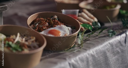 Prepared rice bowl with fried egg served at Kvatric Market in Zagreb Croatia.