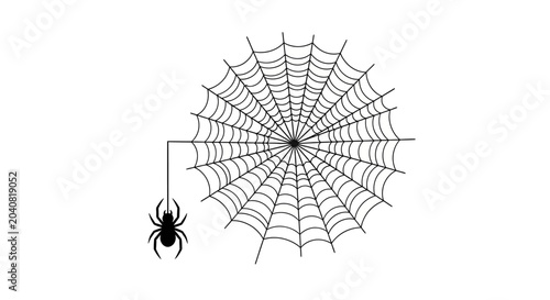 Fotografie A spider hangs from its intricate web in a dark setting.