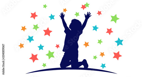 Εκτύπωση καμβά A silhouette of a person kneeling with arms raised surrounded by colorful stars