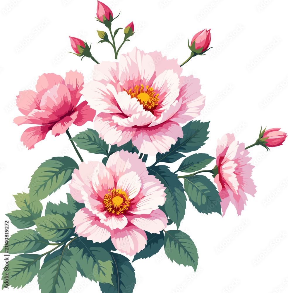 Obraz premium Blooming Pink Wild Rose Bouquet Watercolor Botanical Floral Illustration