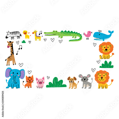 Photography Cute cartoon doodle animals frame border template, vector illustration for kids