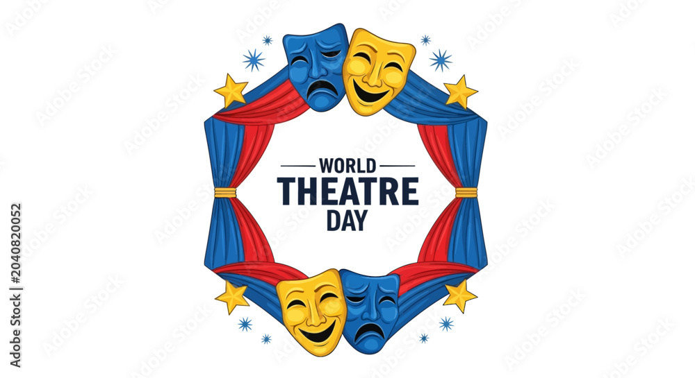 Fototapeta premium World Theatre Day illustration features colorful comedy tragedy masks and curtains