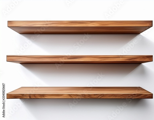wall mounted wooden shelves isolated on white background