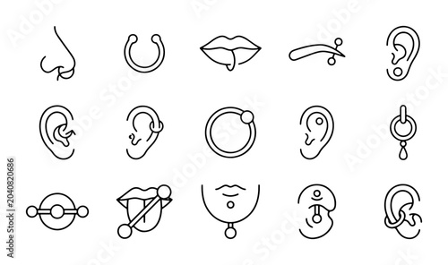 Fotografía Body Piercing Icons Set: Nose, Ear, Lip, Eyebrow Jewelry Vector Graphics