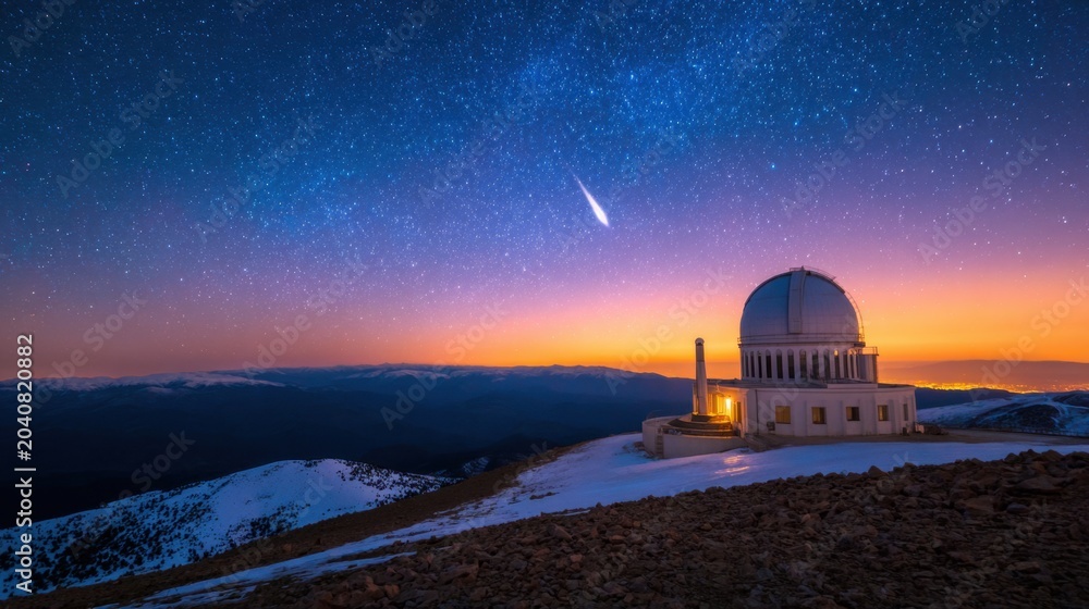 Obraz premium A stunning observatory at dusk, nestled among snowy mountains under a starry sky and vibrant sunset