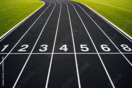Black rubber running track with white lane numbers on a stadium field for athletic competition and sports training events